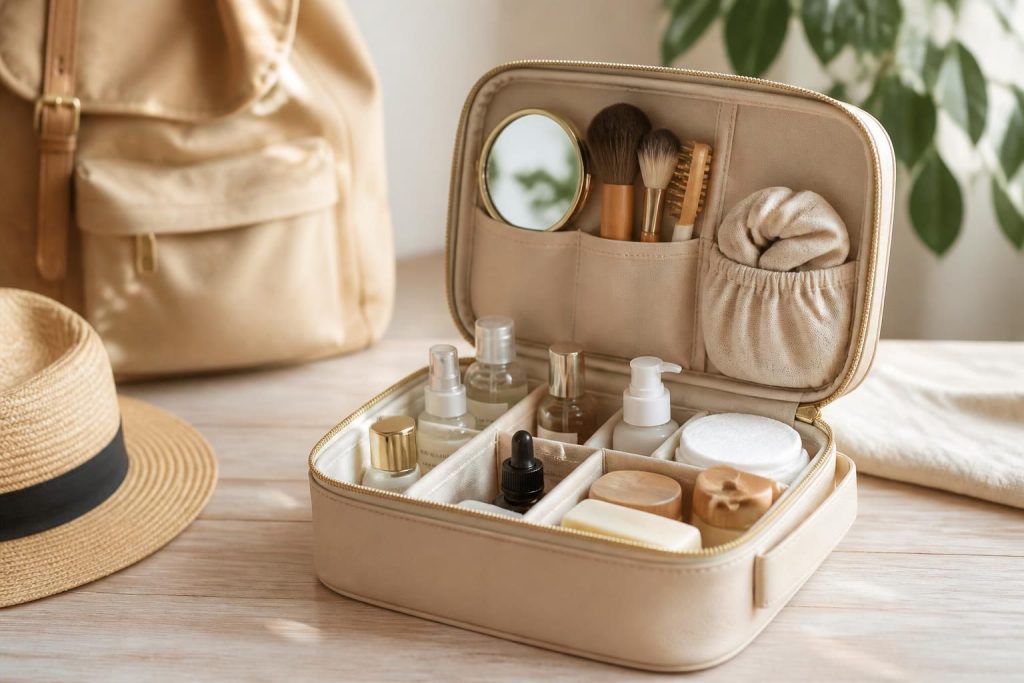 découvrez notre trousse de toilette beauté nomade, idéale pour emporter vos essentiels de soin partout avec style et praticité.